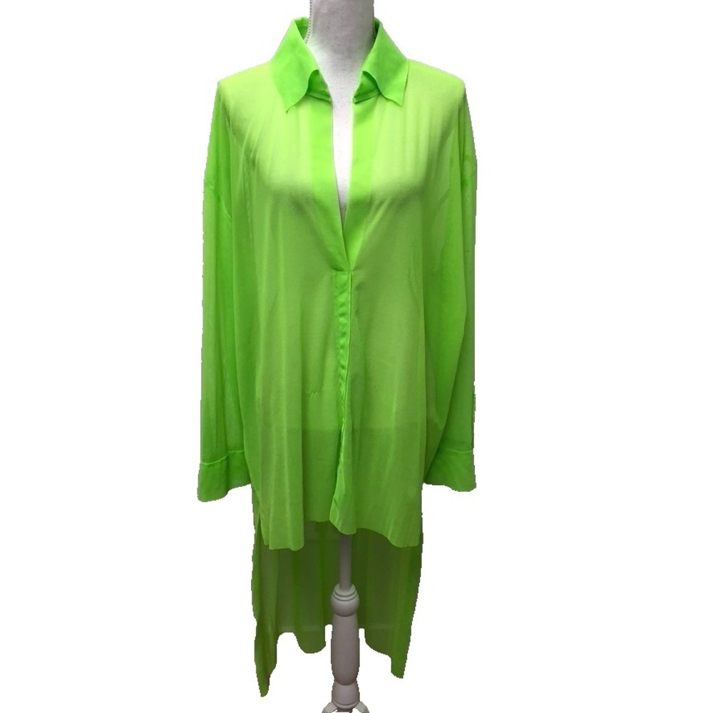 Norma Kamali Hi Lo Oversized Boyfriend Shirt Sheer Mesh Womens Medium Green